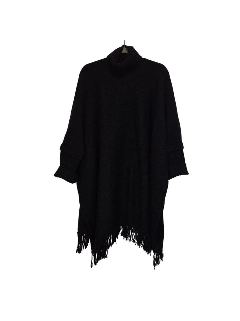 Joseph Ribkoff Black Knit Fringe Trim Poncho Turtleneck Sweater One Size